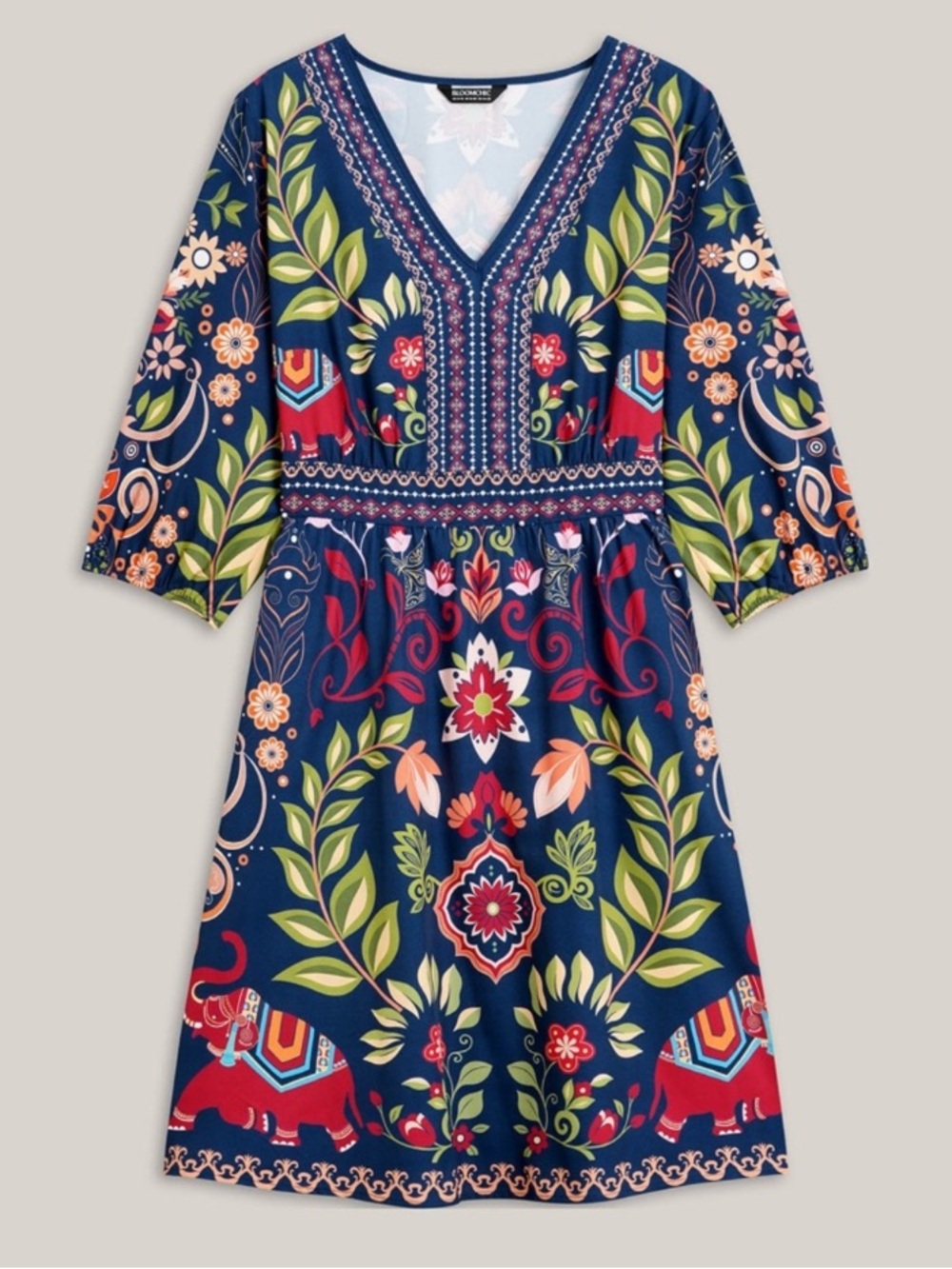 BloomChic Navy Multicolor Floral & Elephant Print Midi Dress - Picture 8 of 13